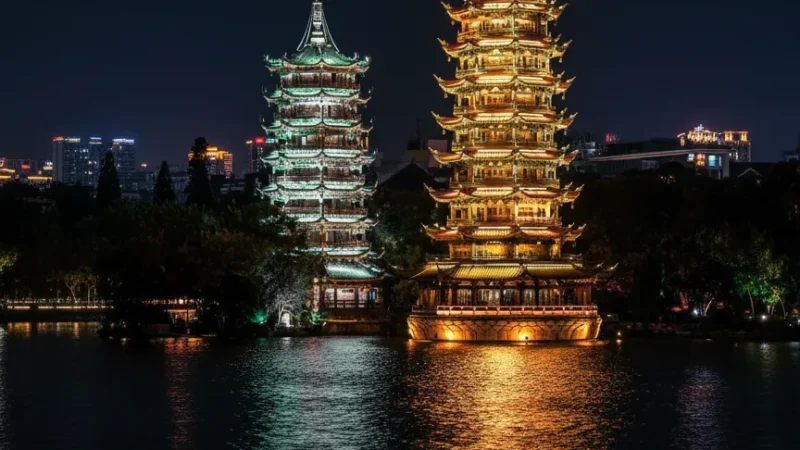 Sun and Moon Twin Pagodas – Evening city scenery(3)